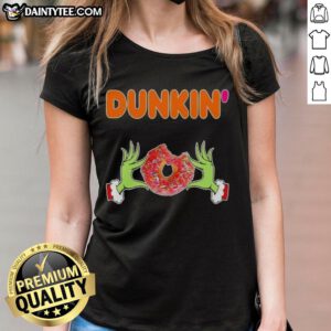 Good Grinch Hands Love Dunkin Donut Merry Christmas Ladies Tee featuring festive design perfect for holiday celebrations.