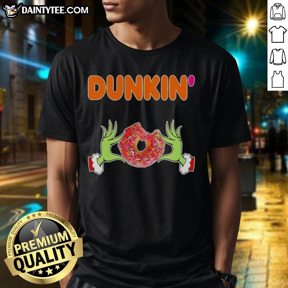 Good Grinch Hands Love Dunkin Donut Merry Christmas T-Shirt featuring festive design and playful Grinch graphics.