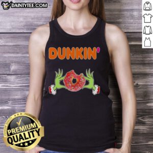 Good Grinch hands holding a Dunkin' Donut in a Merry Christmas tank top, perfect for holiday festivities.