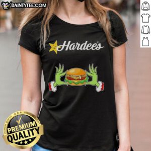 Alt Text: Good Grinch Hands Love Hardees Merry Christmas Ladies Tee featuring festive Grinch design for holiday cheer.