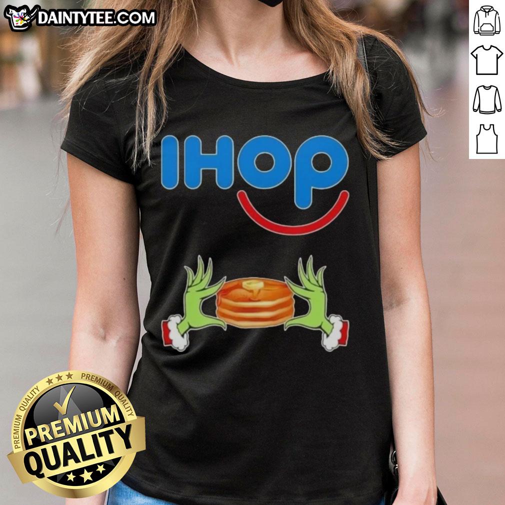 Alt Text: Good Grinch Hands Love IHOP Merry Christmas Ladies Tee featuring a festive design perfect for the holiday season.