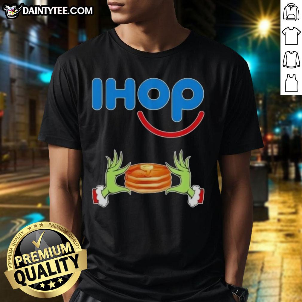 Good Grinch Hands Love IHOP Merry Christmas T-Shirt featuring festive design, perfect for holiday celebrations.