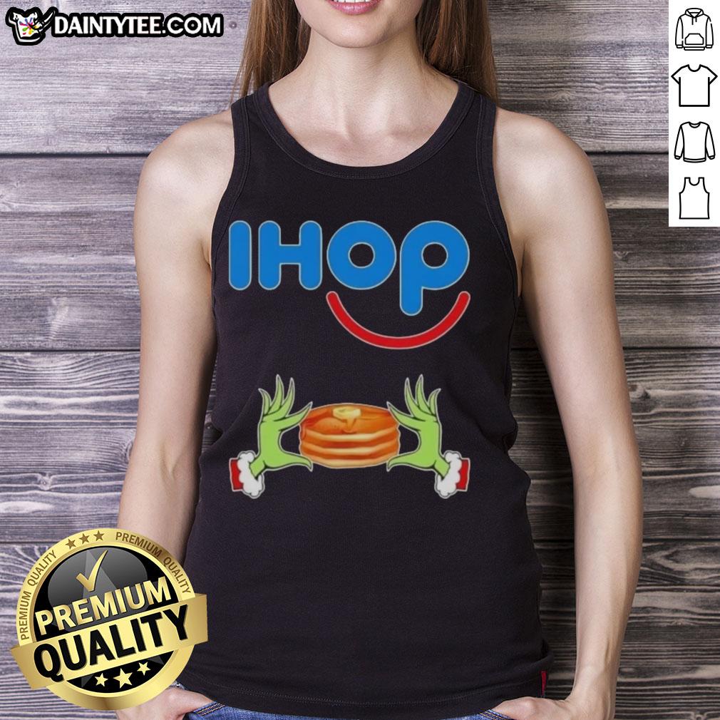 Good Grinch Hands Love IHOP Merry Christmas Tank Top featuring festive design and playful holiday spirit.