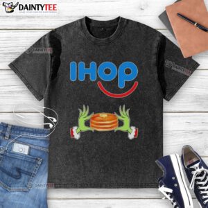Alt Text: Good Grinch hands love IHOP Merry Christmas washed t-shirt featuring festive design and vibrant colors.