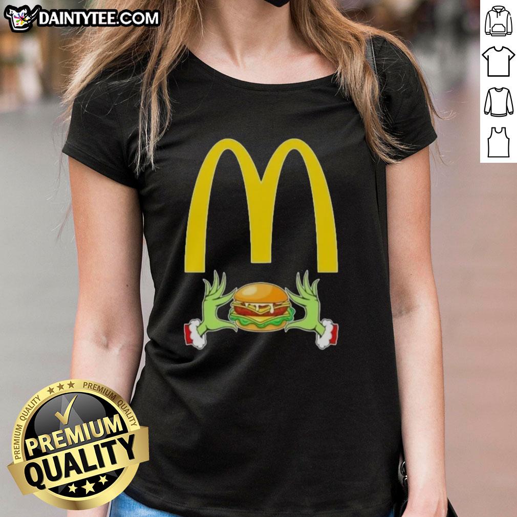 Good Grinch hands love McDonald's Merry Christmas ladies tee featuring festive design and playful holiday spirit.