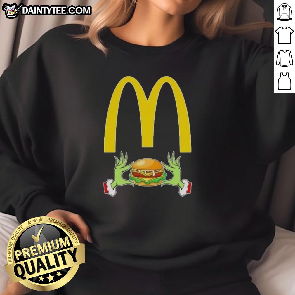 Good Grinch Hands Love McDonald's Merry Christmas Sweatshirt featuring festive design and cozy style for the holidays.