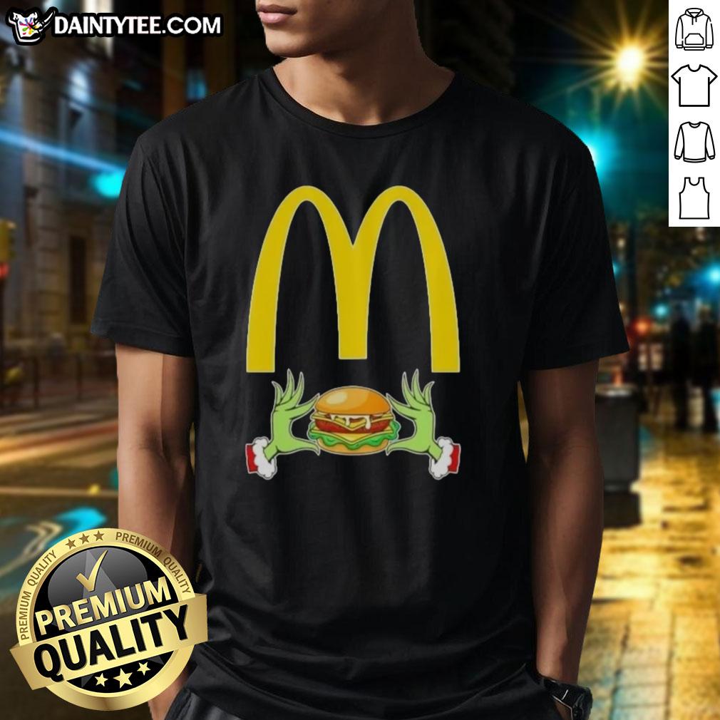 Good Grinch Hands Love McDonald's Merry Christmas T-Shirt featuring festive design and vibrant colors for the holiday season.