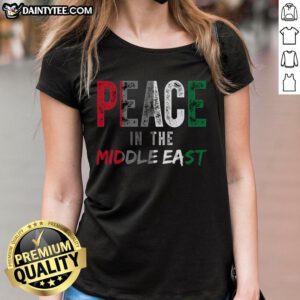 Palestine flag ladies tee showcasing 'Good Peace in the Middle East' design, promoting unity and peace.