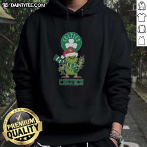 Happy Boston Celtics Christmas Grinch Santa hat hoodie for the holiday season 2025, perfect for festive fans.