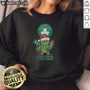 Happy Boston Celtics Christmas sweatshirt featuring Grinch in a Santa hat, perfect for holiday cheer in 2025.