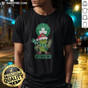 Happy Boston Celtics Christmas Grinch wearing Santa hat on a festive 2025 holiday T-Shirt design.