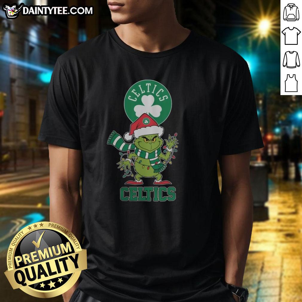 Happy Boston Celtics Christmas Grinch wearing Santa hat on a festive 2025 holiday T-Shirt design.
