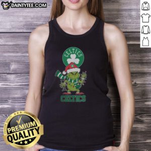Happy Boston Celtics Christmas tank top featuring Grinch in a Santa hat, perfect for holiday cheer in 2025.