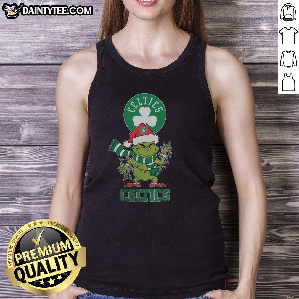 Happy Boston Celtics Christmas tank top featuring Grinch in a Santa hat, perfect for holiday cheer in 2025.