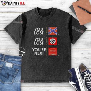 Hot You Lost You're Next washed t-shirt featuring bold graphic design and casual style for trendy outfits.