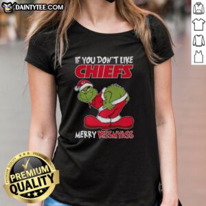 Alt Text: Funny Christmas ladies tee featuring the Kansas City Chiefs Grinch with Merry Krissmyass slogan for fans.