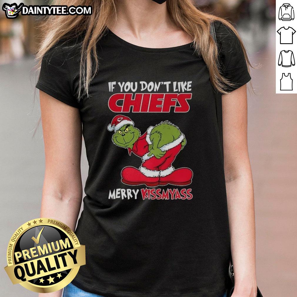 Alt Text: Funny Christmas ladies tee featuring the Kansas City Chiefs Grinch with Merry Krissmyass slogan for fans.