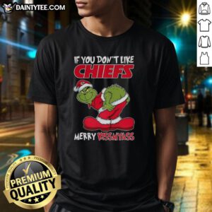 Funny Kansas City Chiefs Grinch Christmas T-shirt: 'If You Don't Like Chiefs, Merry Krissmyass' design for festive fans.