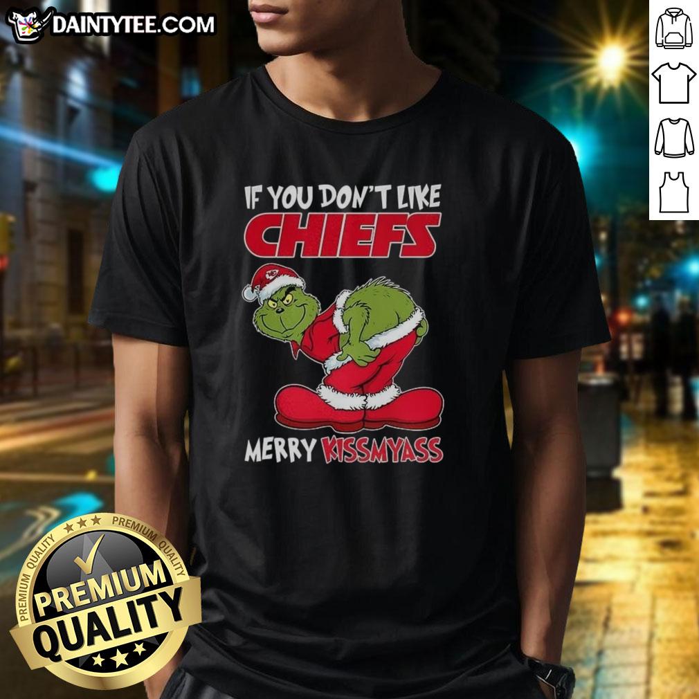 Funny Kansas City Chiefs Grinch Christmas T-shirt: 'If You Don't Like Chiefs, Merry Krissmyass' design for festive fans.