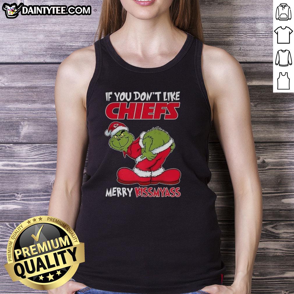 Funny Christmas tank top featuring Grinch with 'Merry Krissmyass' for Kansas City Chiefs fans. Perfect holiday apparel!