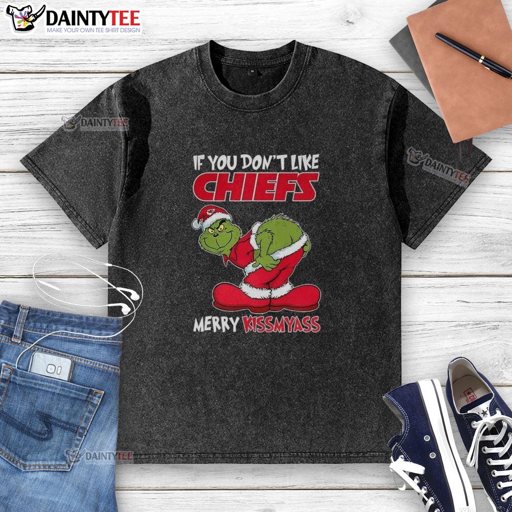 Alt Text: Funny Christmas washed t-shirt featuring Grinch design for Kansas City Chiefs fans Merry Krissmyass slogan.