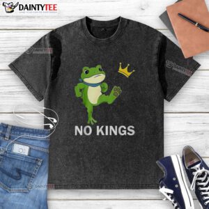 Alt Text: Nice No Kings Portland Frog Protest washed t-shirt featuring a vibrant frog graphic and protest slogan.