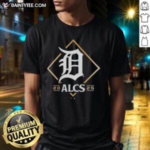 Official Detroit Tigers ALCS Bound 2025 T-shirt featuring team logo and bold graphics in vibrant colors.