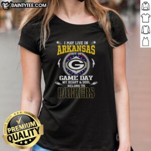 Premium ladies tee featuring 'I May Live in Arkansas But My Heart Belongs to Green Bay Packers' design for fans.