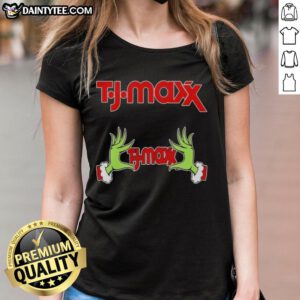 Premium TJ Maxx X Grinch Hands Merry Christmas Ladies Tee featuring festive design and vibrant colors.