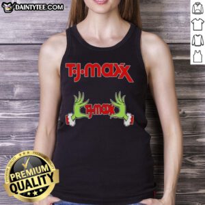 Alt Text: Premium TJ Maxx X Grinch Hands Merry Christmas tank top featuring festive graphic design for the holiday season.