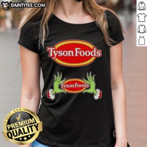 Premium Tyson Foods X Grinch Hands Merry Christmas Ladies Tee featuring festive design perfect for holiday celebrations.