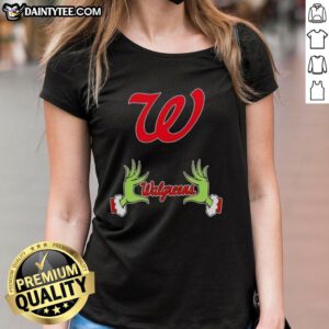 Premium Walgreens X Grinch Hands Merry Christmas Ladies Tee featuring festive design and holiday spirit.