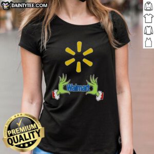 Premium Walmart X Grinch Hands Merry Christmas Ladies Tee featuring festive graphics and comfortable fit.