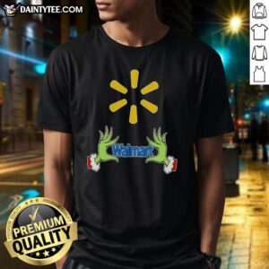 Alt Text: Premium Walmart X Grinch Hands Merry Christmas T-Shirt featuring festive Grinch hand graphics and holiday colors.