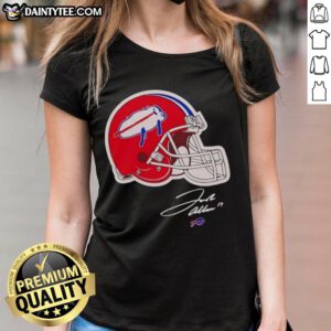 Alt Text: Stylish ladies tee featuring Josh Allen's signature and a Buffalo Bills helmet design, perfect for fans.