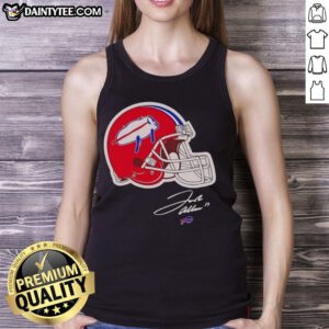 Alt Text: Pretty Josh Allen Buffalo Bills helmet signature tank top showcasing team spirit and player pride.