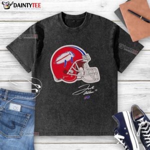 Alt Text: Josh Allen Buffalo Bills helmet signature washed t-shirt showcasing team pride and style for fans.