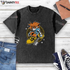 Kid wearing a Pretty Kingdom Heart Sora washed t-shirt, featuring vibrant colors and a playful design for fans.