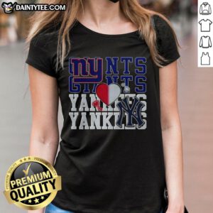 Alt Text: Stylish ladies tee featuring New York Giants NFL and New York Yankees MLB logos, perfect for sport lovers.