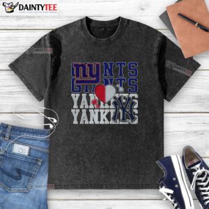 Alt Text: Awesome New York Giants NFL and New York Yankees MLB sport lover washed t-shirt featuring team logos and vibrant colors.