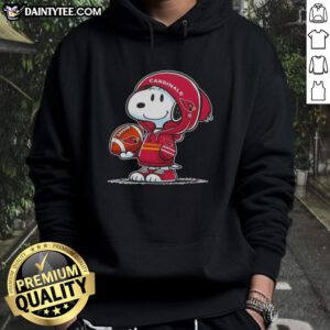 Alt Text: Snoopy in an Arizona Cardinals hoodie, smiling and engaging with fans at an event, showcasing awesome peanuts spirit.