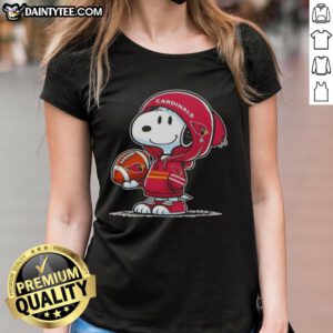 Alt Text: Snoopy wearing an Arizona Cardinals hoodie smiles at fans on a ladies' tee, showcasing awesome Peanuts design.