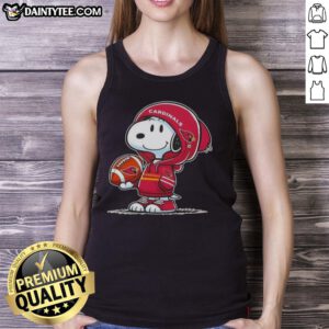 Alt Text: Snoopy wearing an Arizona Cardinals hoodie smiles at fans on a tank top featuring awesome peanuts design.