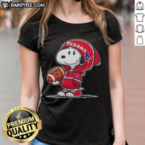 Alt Text: Happy Peanuts Snoopy in a Houston Texans hoodie, smiling at fans on a ladies' tee, showcasing team spirit.