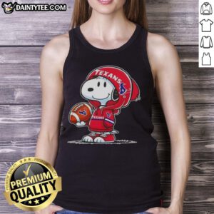 Happy Peanuts Snoopy in a Houston Texans hoodie smiling at fans, perfect for tank top designs.