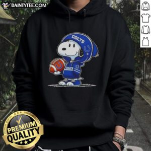 Happy Peanuts Snoopy wearing an Indianapolis Colts hoodie, smiling at fans in a cheerful atmosphere.