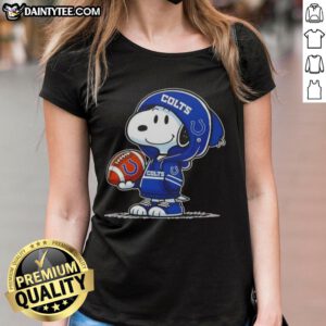 Alt Text: Happy Peanuts Snoopy in an Indianapolis Colts hoodie smiling at fans, perfect for ladies' tee collections.