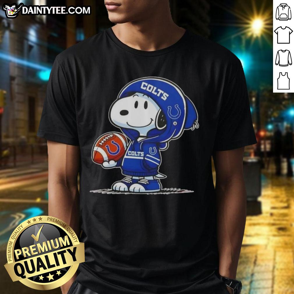 Alt Text: Happy Peanuts Snoopy in a hoodie, smiling at fans on an Indianapolis Colts T-shirt, perfect for NFL enthusiasts.