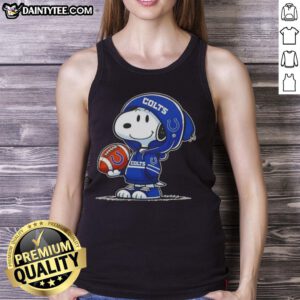 Happy Peanuts Snoopy in an Indianapolis Colts hoodie smiling at fans while wearing a tank top.