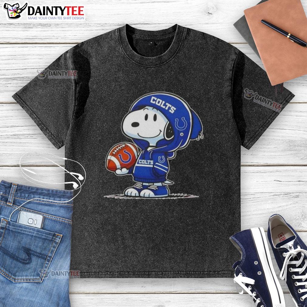 Happy Peanuts Snoopy in an Indianapolis Colts hoodie smiles at fans, showcasing his stylish washed t-shirt.
